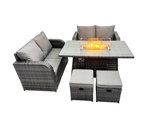 Fimous 6-seater Rattan Garden Furniture Dining Set with 2 Small Stools in Dark Grey