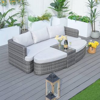 Direct Wicker Outdoor Garden Rattan Sun Lounger with Coffee Table in Grey | Size: 2 Pack