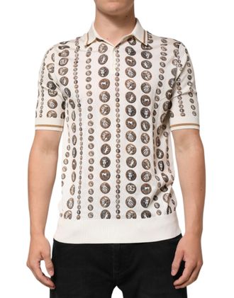Dolce & Gabbana Silk Ivory Coin Print Logo Men Polo Mens T-shirt