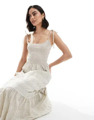 Daisy Street shirred midaxi dress in beige stripe-Neutral