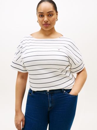 Tommy Hilfiger Kurzarmshirt TOMMY HILFIGER CURVE CRV MDRN CODY CAP SLV C-NK TEE, Damen, Gr. 48, breton, ecu, schwarz night navy, Single Jersey, Obermaterial: 100% Ba