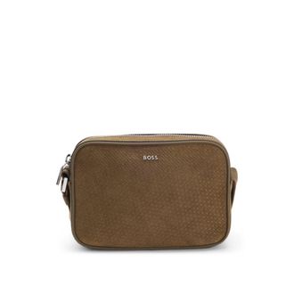 BOSS Crossbody bag in monogram-embossed suede