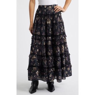 AllSaints Talia Floral Print Ruffle Lace Maxi Skirt in Vine Black at Nordstrom, Size 12 Us