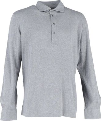 Brunello Cucinelli M&eacute;lange-Effect Long Sleeve Polo Shirt in Grey Cotton