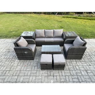 Fimous 7 Seater Rattan Garden Furniture Set Patio Outdoor Lounge Sofa Set with Rectangular Coffee Table 2 Small Footstools 3 Seater Sofa 2 Side Tables Dark