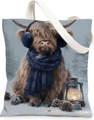 Generic Winter Cow Canvas Tote Bags, Rustic Animal Print Reusable Grocery Bags, Cozy Vintage Lightweight Washable for Travel Outdoo, Blue, 13x15 Inch