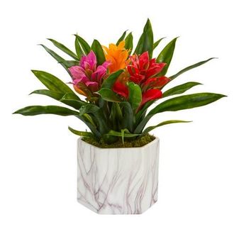 Nearly Natural Bromeliad Artificial Plant in Marble Finished Vase in Assorted at Nordstrom