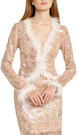 Wayf Coco Feather Trim Sequin Top in Beige at Nordstrom Rack, Size X-Small