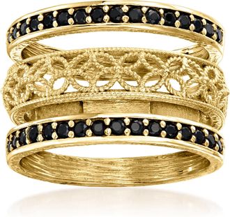 Ross-Simons Black Spinel and Scrollwork Jewelry Set: 3 Rings in 18kt Gold Over Sterling
