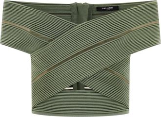 Balmain Off-the-Shoulder Crop Top - Dames - Blouses - Groen - XS - Overhemden