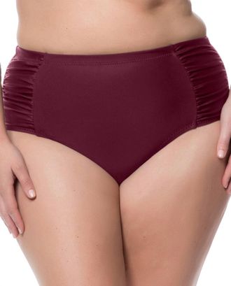 Jessica Simpson Plus Size Shirred High Waisted Bikini Bottom In Merlot