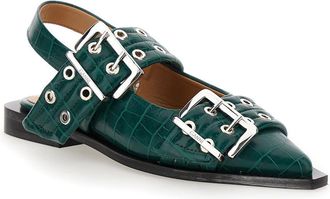 Ganni Womens Green Ballet Shoes With Double Buckle Recycled Leather Ballerina