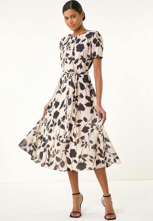 Roman Floral Print Pleat Neck Midi Dress