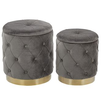 Beliani Conjunto De Pufs Con Almacenaje Tapizados En Terciopelo De Poli&eacute;ster Gris Con Base Dorada Dise&ntilde;o Retro Pueblo