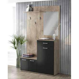 COSMA Mobile ingresso con cappelliera specchio ganci appendiabiti e ante contenitive di colore Rovere chiaro e Antracite mod. Smeraldo