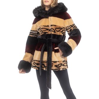 Gorski Genuine Shearling Parka with Genuine Shearling Hood Trim & Cuffs, Belt in Wine/camel/ocelo Print/brown at Nordstrom, Size X-Large
