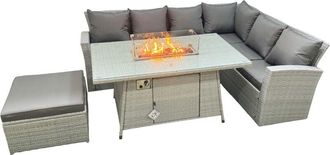 Fimous 7 Seat Rattan Garden Furniture Corner Sofa Set Outdoor Gas Fire Pit Table Set with Big Footstool Light Grey - Fimous