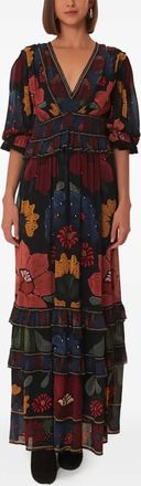 Farm Rio Gelaagde maxi-jurk met bloemenprint - Zwart