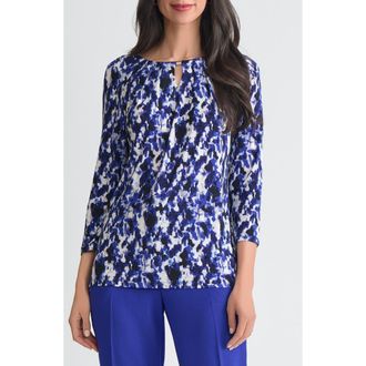 Kasper Pleated Three-Quarter Sleeve Top in Kasper Navy Multi at Nordstrom, Size X-Small