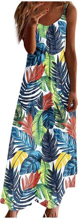 Generic Women Strappy Summer Dress Casual Bohemian Maxi Dresses Vintage Floral Print Flowy Beach Holiday Dresses V Neck Sleeveless Summer Boho Long Sundress L