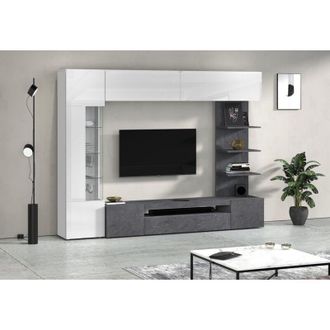 Dmora Pared Modular Galatina, Mueble Sal&oacute;n 8 Estantes, Puertas Batientes Made In Italy, 12 Compartimentos, 245x40x191.2h Cm Gris Pizarra