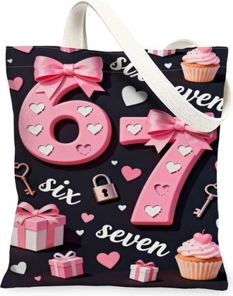 Generic ValentineS Day Canvas Tote Bags, Cute Heart Bow Pattern Reusable Grocery Bags, Fun Vintage Lightweight Washable Shoulder S, Peach, 13x15 Inch