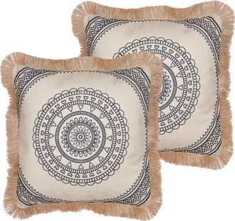 Beliani Conjunto De 2 Cojines Beige Negro 45 X 45 Cm Funda Poli&eacute;ster Borlas Agrimony