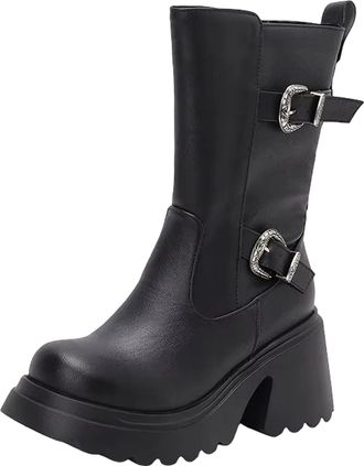 Generic Womens Retro Casual Mid Calf Boots Round Toe Super High Block Heel Platform With Side Zipper And Metal Decor