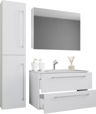 ebuy24 Ebuy24 - Vcm 4 Piezas Lavabo Lavabo Gabinete Inferior Ancho 80 Cm Muebles De Ba&ntilde;o Conjunto Con Cajones Puertas Giratorias Armario De Espejo Badinos (b