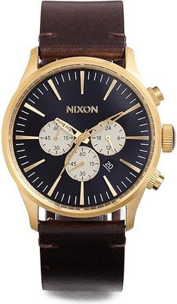 Nixon Sentry Chrono Leather Mens Watches Gold/Indigo/Brown, Leather/Stainless Steel