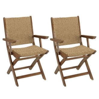 Macabane Lote de 2 sillones plegables de acacia aceitada y rat&aacute;n sint&eacute;tico
