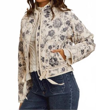 So Me Woven Floral Print Long Sleeve Quilted Jacket In Ivory/blk
