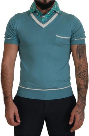 Dolce & Gabbana Blauwe Zijden Polo Top met V-hals - Heren - Polos - Blauw - M - Tops