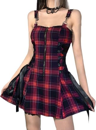 Generic Womens Gothic Plaid Midi Dress, Cotton, Spaghetti Strap, High Waist A-Line, Y2k Emo Style, Party Wear (UK, Alpha, L, Regular, Regular, Red)