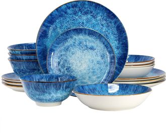 Elama Oceanus 16 Piece Porcelain Double Bowl Dinnerware Set in Blue