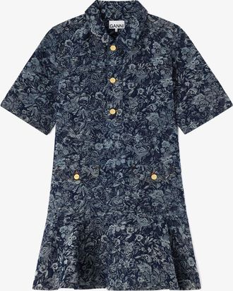 Ganni Navy Dress in Denim Tapestry - Size 34 Organic Cotton