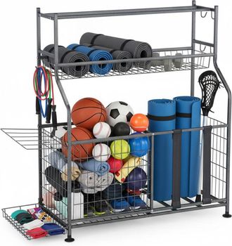 Relaxdays Relaxdays - Almacenamiento Material Deportivo, Metal, Estanter&iacute;a Para Utensilios Fitness Y Pelotas, 111x118x42 Cm, Gris