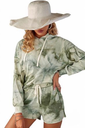 Hidden Jeans Jessica Waffle Tie Dye Hoodie And Short Set In Olive