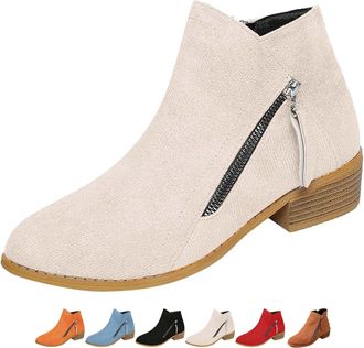Generic Womens Suede Chunky Heel Walking Ankle Boots with Side Zipper, Wide Fit Pointed Toe Low Heel Shoes Comfortable Non-Slip Walking Boot (6.5,Beige)