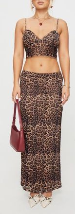 Princess Polly Exuberant Leopard Print Mesh Crop Top & Maxi Skirt Set in Brown at Nordstrom, Size 10