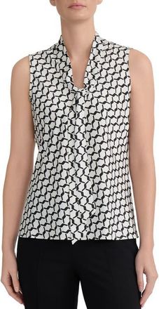 Kasper Geometric Print Tie Neck Satin Top in Vanilla Ice/black at Nordstrom, Size X-Small