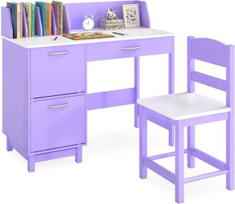 Costway Kids Study Desk and Chair Set Wooden School Learning Table-Purple