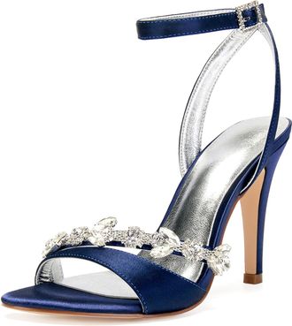 Generic Wedding Bridal Shoes Womens Heels Ankle Strap High Heels Prom Party Dress Heeled Open Toe Bridal Stiletto Sandals 10.5Cm,Dark Blue,8 UK