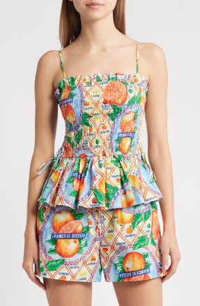 Damson Madder Marina Smocked Organic Cotton Peplum Camisole in Orange/blue Multi at Nordstrom Rack, Size 8 Us / 12 Uk