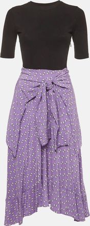 Maje Black/purple Bow Print Jersey And Crepe Trompe Loeil Midi Dress