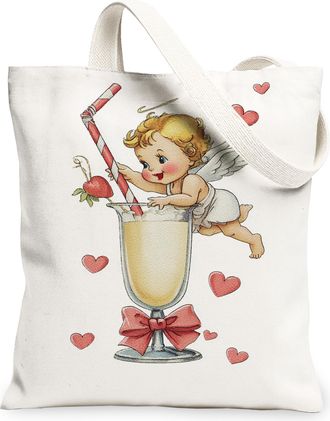 Generic ValentineS Day Vintage Cute Canvas Tote Bags, Angel Hearts Design Reusable Grocery Bags, Lightweight Washable Shoulder Str, White, 13x15 Inch