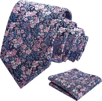 Alizeal Mens 8cm Colorful Floral Necktie and Pocket Square Classic Wedding Tie and Hanky Set, Navy+Pink+White