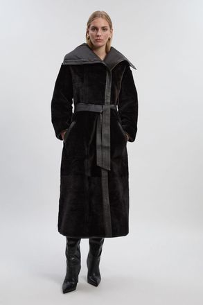 Karen Millen Womens Reversible Shearling & Leather High Collar Maxi Coat - Chocolate - Size 10 UK