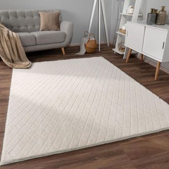 Paco Home Alfombra de sala con pelo corto, estilo escandinavo abstracto Japandi Boho, con efecto 3D, Uni Crema 160x220 cm, Crema 2 - Paco Home