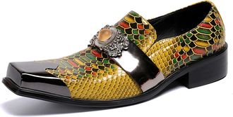 Generic Mens Slip On Shoes Penny Loafers - Genuine Leather Dress Shoes with Metal-Square Toe for Prom Wedding Party Disco Bar (Yellow 2,11.5)